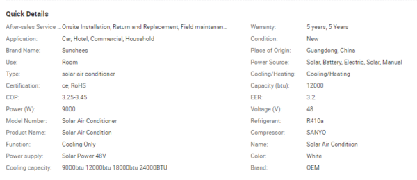 Off-grid 100% 24000BTU PV Solar Powered Air Conditioner - Image 2